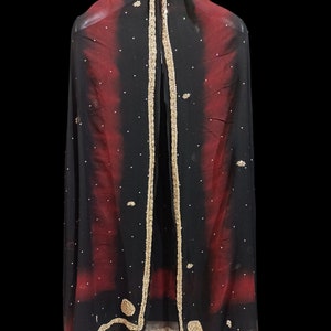Vintage Dupatta, Hand Embroidered Stole, Beautiful Black and Red Chiffon Dupatta Fabric.