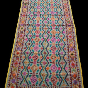 Vintage Kantha Dupatta, Hand Embroidered Stole, Beautiful Phulkari Silk Dupatta Fabric.