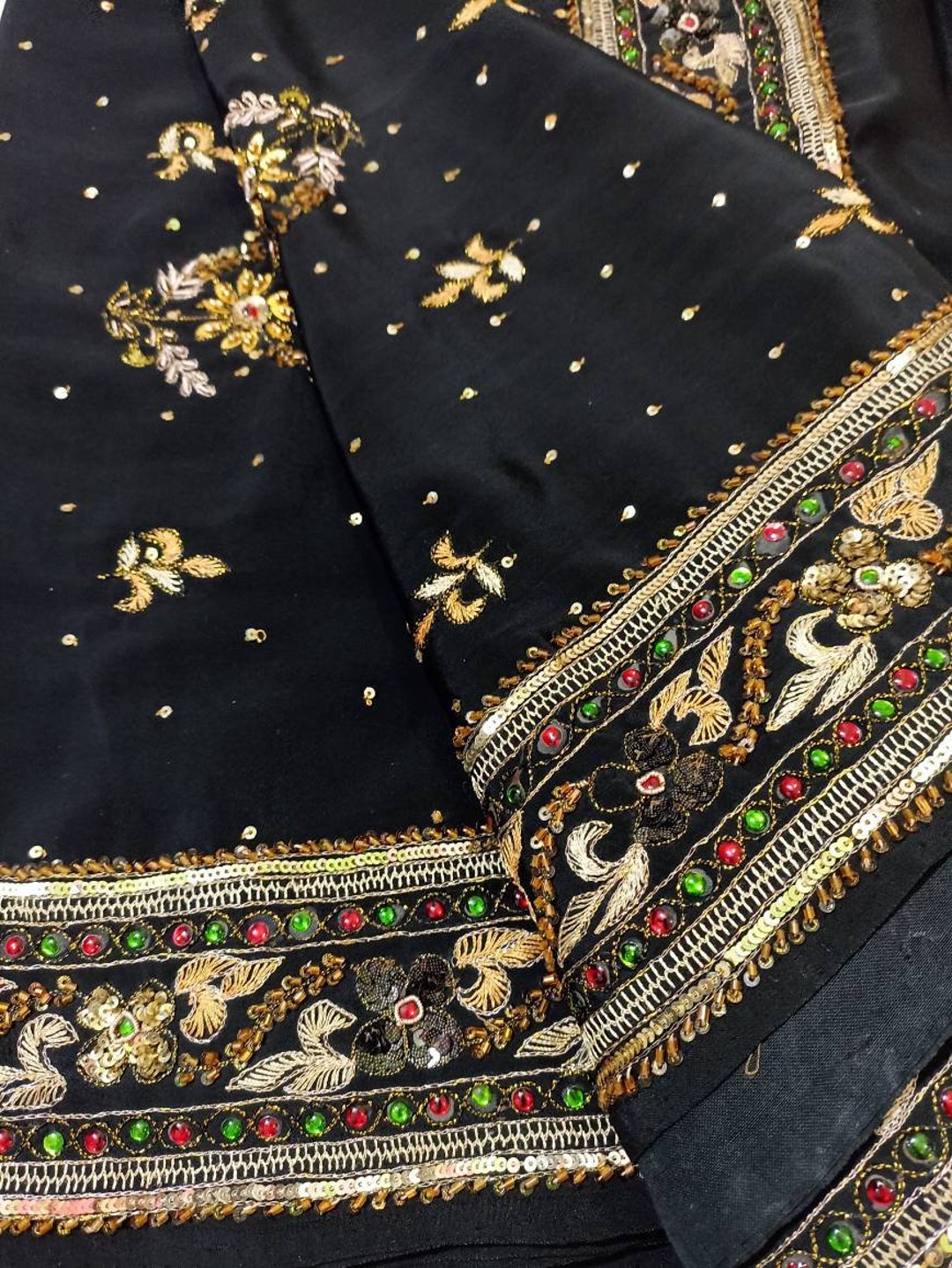 Indian Women Vintage Sari Black & Brown 100% Pure Georgette Silk Printed Saree Sewing 5yd Soft Craft Fabric Dress Making Dress Designing