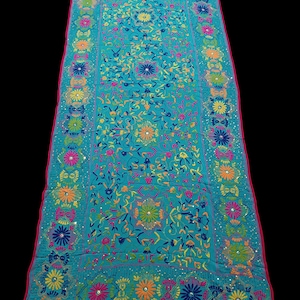 Vintage Kantha Dupatta, Hand Embroidered Stole, Beautiful Phulkari Silk Dupatta Fabric.