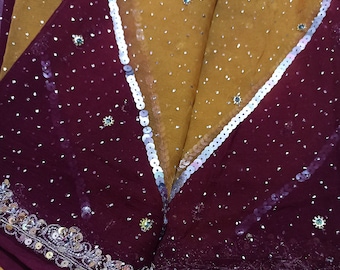 Vintage Dupatta, Hand Embroidered Stole, Beautiful Red and Yellow Chiffon Dupatta Fabric.