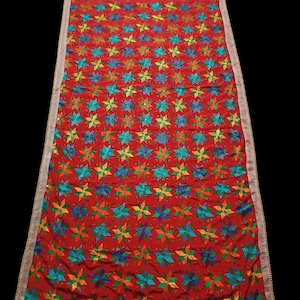 Vintage Kantha Dupatta, Hand Embroidered Stole, Beautiful Phulkari Silk Dupatta Fabric.