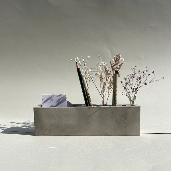 Concrete desk organizer, slim with pen holder