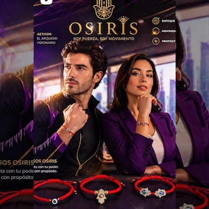 May include: An advertisement for Osiris jewelry featuring a man and woman wearing bracelets. The image includes the brand name, social media handles, and the text "Soy Fuerza, Soy Movimiento." Several red bracelets with decorative charms are displayed.