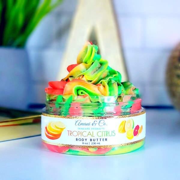 Bodyboter met tropische citrus-sheaboom: biologische natuurlijke huidverzorging