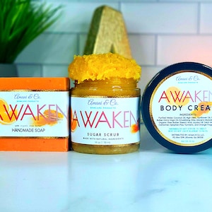 Awaken Geschenk Set | Zuckerpeeling | Natürliche Körperbutter | Peeling | Geschenk Set | Kurkuma Honig Zitrus | Selbstfürsorge