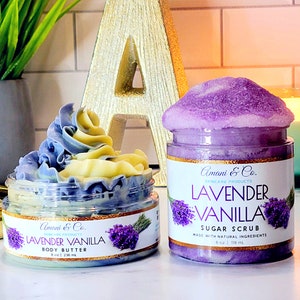 Geschenk Set Lavendel Vanille | Bio-Zuckerpeeling | Bio Körperbutter | Peeling | Schwarz geführtes Unternehmen