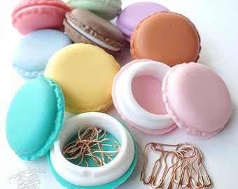 BOX | Macaron Cookie Container with 10 Rose Gold Pins | Cute Colorful Plastic Notions Storage for Knitting Crochet Sewing Bag Purse