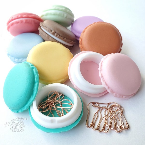 BOX | Macaron Cookie Container with 10 Rose Gold Pins | Cute Colorful Silicon Notions Storage for Knitting Crochet Sewing Bag Purse