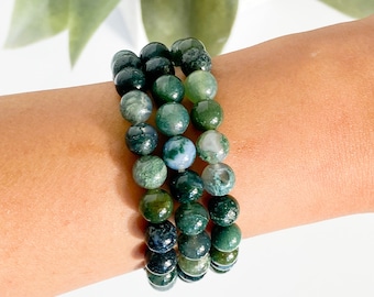 Handmade Moss Agate Bracelet, Crystal Jewelry, Growth Stone, Heart Chakra, Grounding Energy