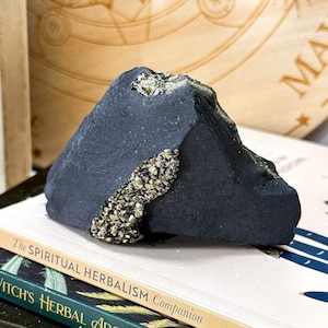 May include: A dark grey rock with a vein of gold pyrite running through it. The rock is sitting on top of a stack of books with titles that include "The Spiritual Herbalism Companion", "Witch's Herbal Apothecary", and "Palmistry".