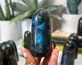 May include: A collection of polished labradorite crystal points, with one point held in a hand. The points are a dark grey color with iridescent blue and green flashes.