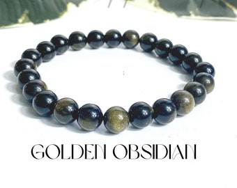 Golden Obsidian Bracelet, Gold Sheen Obsidian Bracelet. Stretchy Beaded Obsidian Bracelet, Gold Obsidian Bracelet