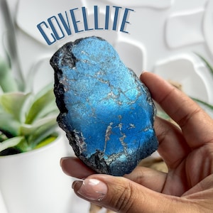 May include: A hand holds a piece of covellite, a striking blue mineral. The stone's surface is rough and textured, displaying shades of blue and black. The word "COVELLITE" is printed in blue above the stone.