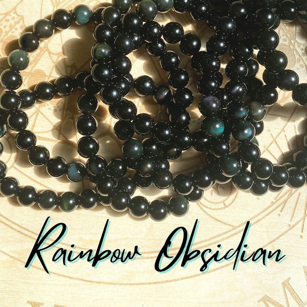 Rainbow Sheen Obsidian Bracelets, 8mm & 6mm Beaded Iris Obsidian Bracelets,  Rainbow Obsidian Bracelets, Sheen Obsidian Bracelet