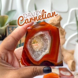 Puede incluir: Geoda de cristal de cornalina pulida con un centro druzy. La piedra presenta bandas de color naranja y blanco, con un interior de cristal brillante. La palabra "DRUZY Carnelian" está escrita en la parte superior de la imagen.