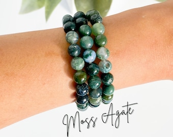 Moss Agate Bracelet, Stone of New Beginnings, 8mm Moss Agate Beaded Bracelet, Moss Agate Jewelry, Moss Agate Bracelets