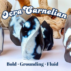 May include: Ocra Carnelian stones with a mix of white, black, and blue patterns. The text on the image reads "Bold, Grounding, Fluid". These polished stones are a unique addition to any collection.