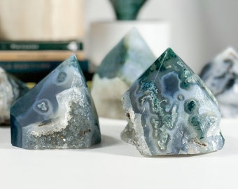 Raw Moss + Chalcedony Points, Raw Moss Agate in Blue Chalcendony Points, Semi Polished Moss Agate, Moss Agate Top Polish, Moss Agate