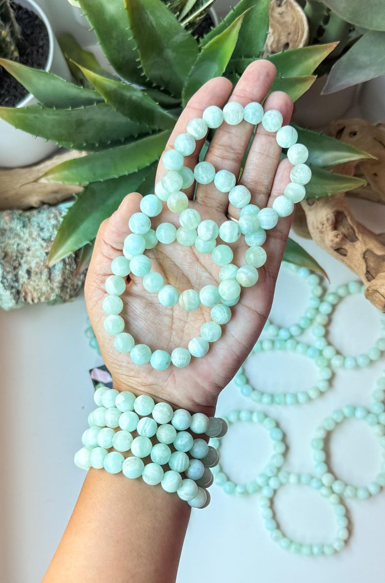 May include: Several strands of light blue-green beaded bracelets. One hand holds a strand of the bracelets, while another arm displays multiple bracelets stacked on the wrist. The beads are round and have a matte finish. The background includes green plants.