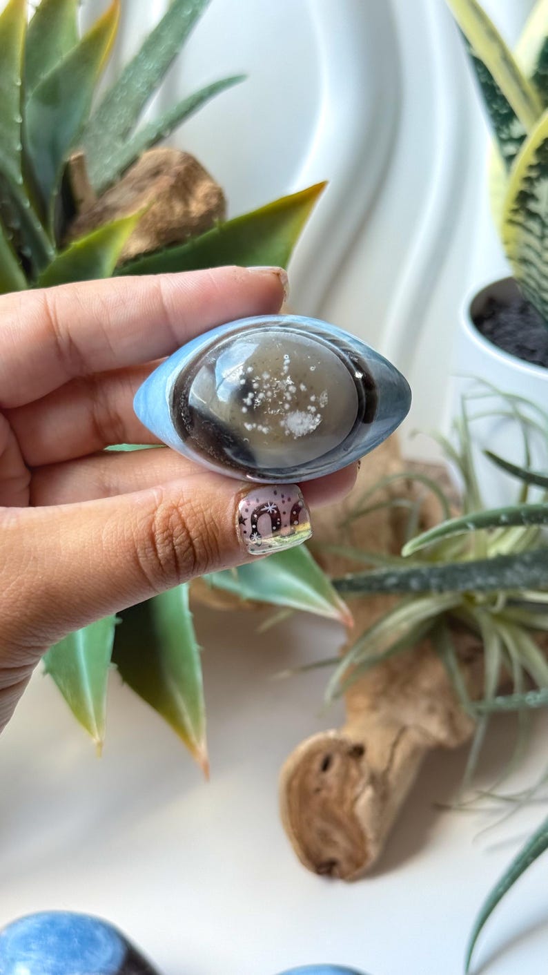 May include: An eye-shaped polished stone cabochon featuring a light blue outer rim, a dark brown middle ring, and a translucent grey centre with white speckled inclusions. The smooth, rounded object has a distinct almond shape.