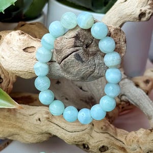 May include: A light blue beaded bracelet with round beads. The bracelet is displayed on a piece of driftwood, with additional beads visible in the foreground. The background includes green plants.