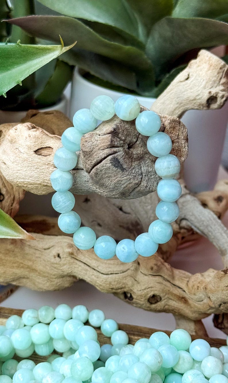 May include: A light blue beaded bracelet with round beads. The bracelet is displayed on a piece of driftwood, with additional beads visible in the foreground. The background includes green plants.