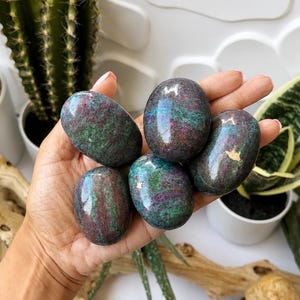 May include: Five polished, oval-shaped ruby in fuchsite stones featuring a mottled blend of deep magenta, dark red, and forest green colours with a smooth, reflective surface. The stones exhibit natural mineral inclusions and variations in texture.