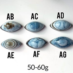 May include: Six oval-shaped blue and white stones labelled AB, AC, AD, AE, AF, and AG. Each stone features unique patterns and colour variations. The text 50-60g is displayed at the bottom, indicating the weight range for these polished stones.