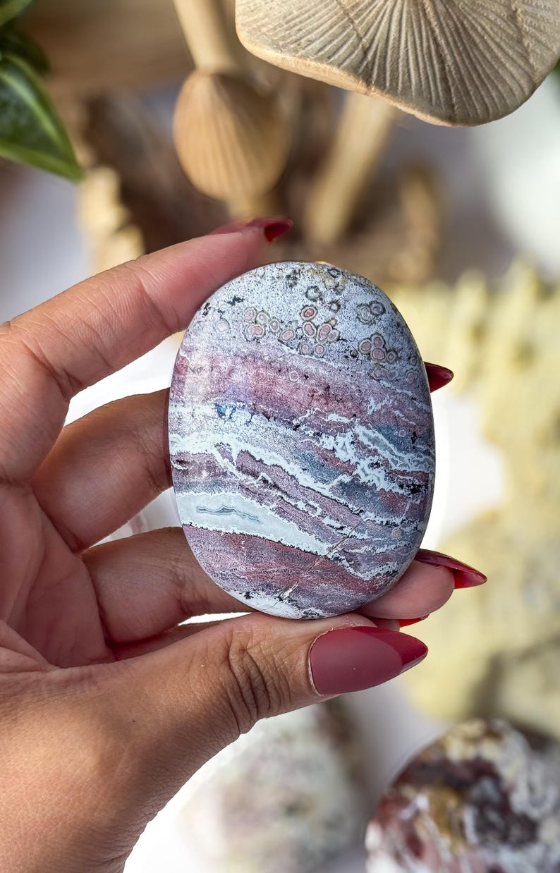 May include: An oval-shaped polished stone featuring a complex pattern of layered bands in shades of dusty rose, deep burgundy, white, and grey, with distinct circular orbicular inclusions visible across the upper portion of the smooth surface.