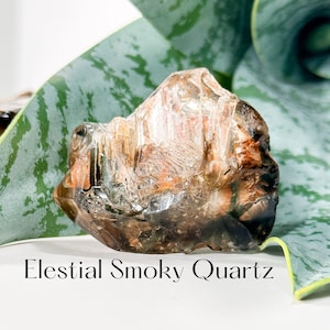 May include: A large, clear, smoky quartz crystal with a brown hue. The crystal has a rough, natural texture and is resting on a green leaf.