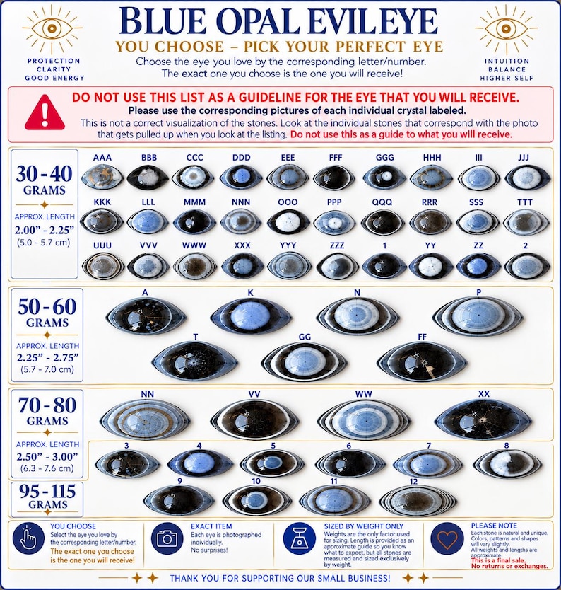 May include: A selection chart for blue opal evil eye stones, categorised by weight from 30 to 115 grams and lengths from 5.0 to 7.6 cm. The display features rows of oval-shaped stones with various blue, black, and white patterns.