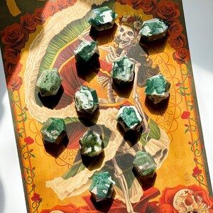 May include: Several faceted green and white moss agate crystals are displayed on a vintage poster. The poster has the word "TUCSON" at the top and a Day of the Dead illustration with roses and a skeleton.