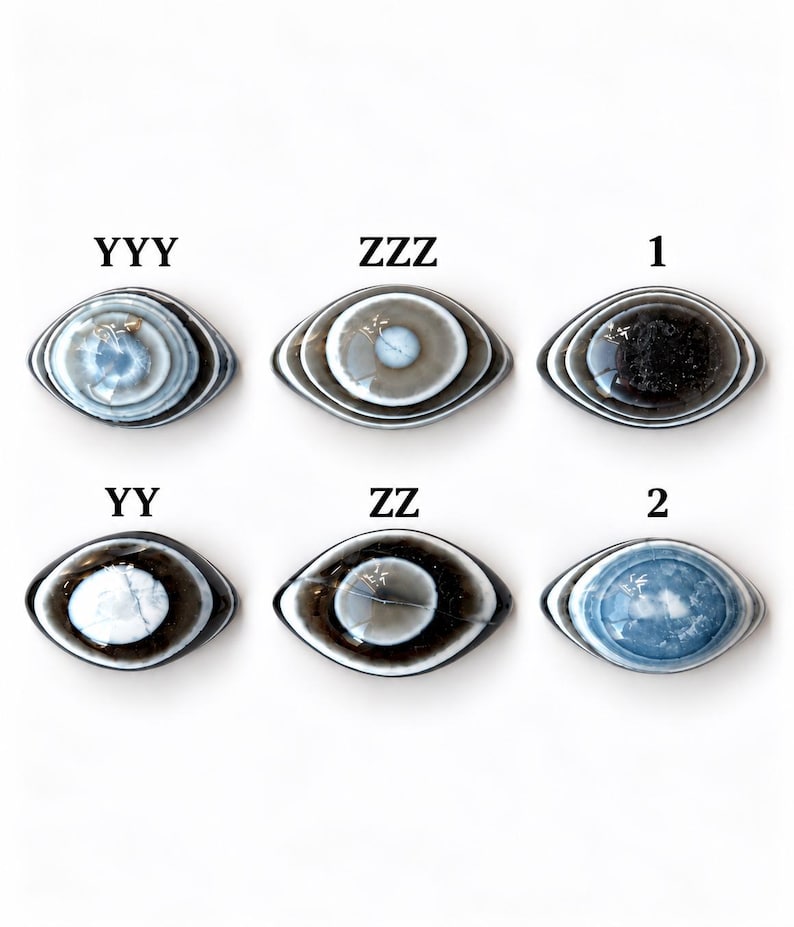 May include: Six oval-shaped stones arranged in two rows, each featuring concentric bands of colour resembling an eye. Labels YYY, ZZZ, 1, YY, ZZ, and 2 are positioned above each stone. The stones display varied shades of blue, grey, white, and black.