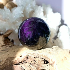 May include: A dark purple and black sphere with iridescent shimmer. The sphere is resting on a piece of driftwood.