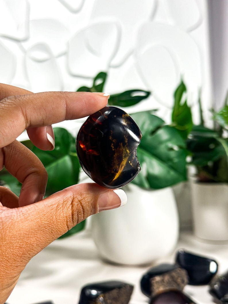Puede incluir: Una piedra de obsidiana pulida de color marr&oacute;n oscuro y negro con un borde astillado. La piedra est&aacute; siendo sostenida por una mano.