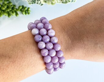 EvaDane Natural Lepidolite Gemstone Rope Bead Alphabet Letter L Charm Stretch Bracelet EvaDane Natural Lepidolite Gemstone Rope Bead Alphabet Letter L Charm Stretch Bracelet
