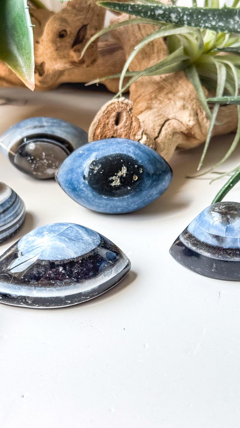 May include: A collection of polished, eye-shaped cabochons featuring deep blue and black banded patterns. These smooth, oval-shaped stones display concentric layers of dark colour with lighter blue centres, resembling stylised eyes.