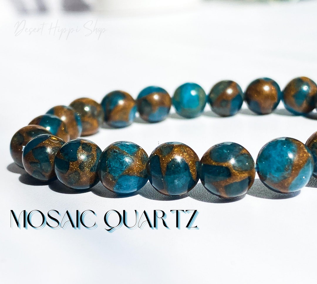 Blue Mosaic Quartz Bracelet, 8mm Mosaic Quartz Bracelet, Mosaic Quartz