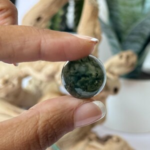 May include: A polished, round gemstone with a moss agate pattern. The stone is a deep green with darker green inclusions, held between two fingers. The background includes driftwood and greenery.
