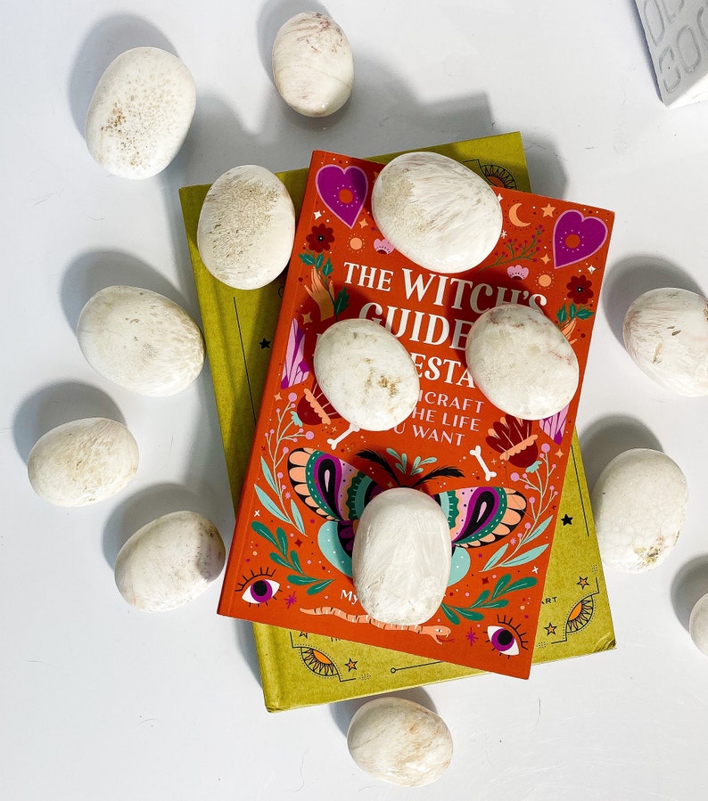 May include: A stack of books with a yellow cover and a red cover. The red book has a colorful illustration of a butterfly and the text "The Witch's Guide to Manifestation".  There are white stones scattered around the books.