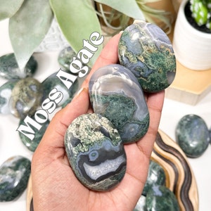 Moss Agate Palm Stone, *NEW LOT* Prosperity + Energy Balance, Moss Agate, Polished Moss Agate, Green & Blue Moss Agate, Crystal Palm Stones