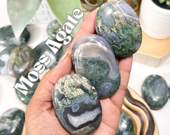 Moss Agate Palm Stone, Prosperity + Energy Balance, Moss Agate, Polished Moss Agate, Green & Blue Moss Agate, Crystal Palm Stones