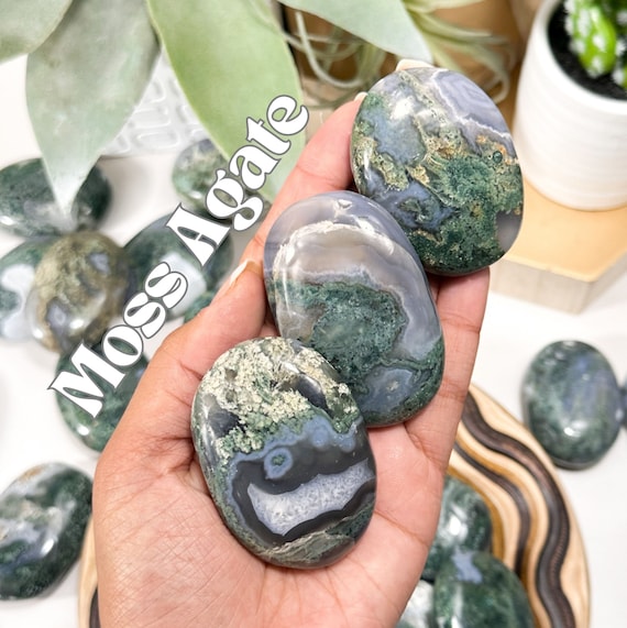 Polished Moss Agate Palm Stone: Prosperity & Balance