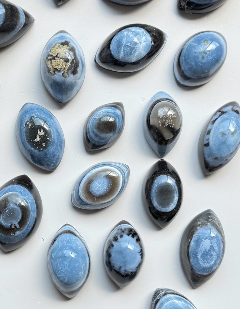 May include: A collection of polished, eye-shaped cabochons featuring a smooth, glossy finish. Each piece displays a central blue core surrounded by dark, charcoal-coloured borders, with some stones showing intricate, light-coloured inclusions.