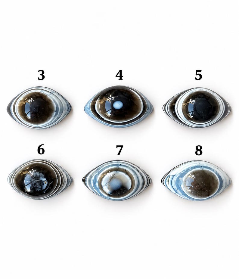 May include: Six oval-shaped cabochons arranged in two rows, labelled 3 through 8. Each piece features concentric rings of blue, white, and dark brown, resembling an eye. The surfaces are smooth and polished, displaying varied patterns.
