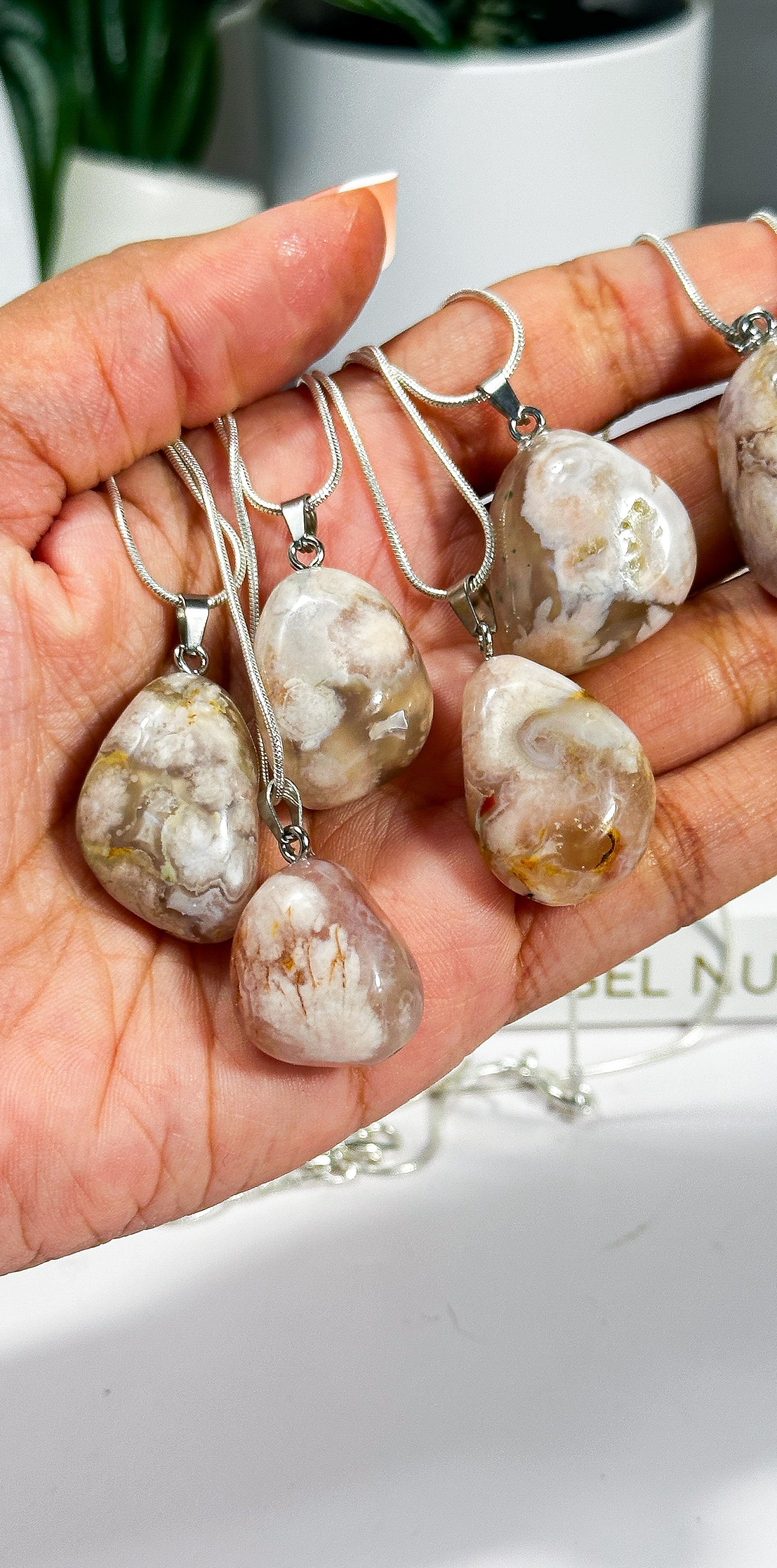 Flower Agate Necklace: 925 Silver Plated Chain, Heart Chakra