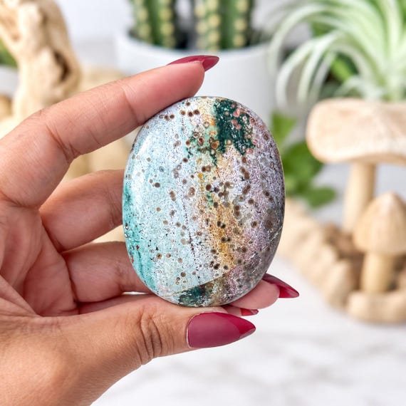 Pastel Ocean Jasper Palm Stone l Stone of Joy & Relaxation l Sea Jasper