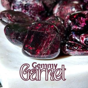 May include: A close-up of a group of dark red, polished garnet stones. The stones are smooth and have a glossy finish. The text "Gemmy Garnet" is visible in the lower right corner of the image.
