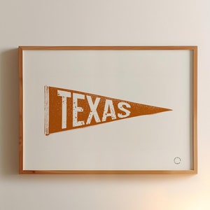 Impresión de arte vintage de Texas, póster naranja con banderín de Texas, impresión personalizada con banderín del estado de Texas, decoración de pared para dormitorio, arte de pared imprimible